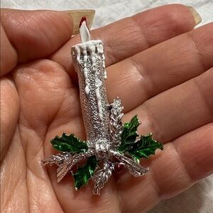 Silver Candle Brooch with Green Holly